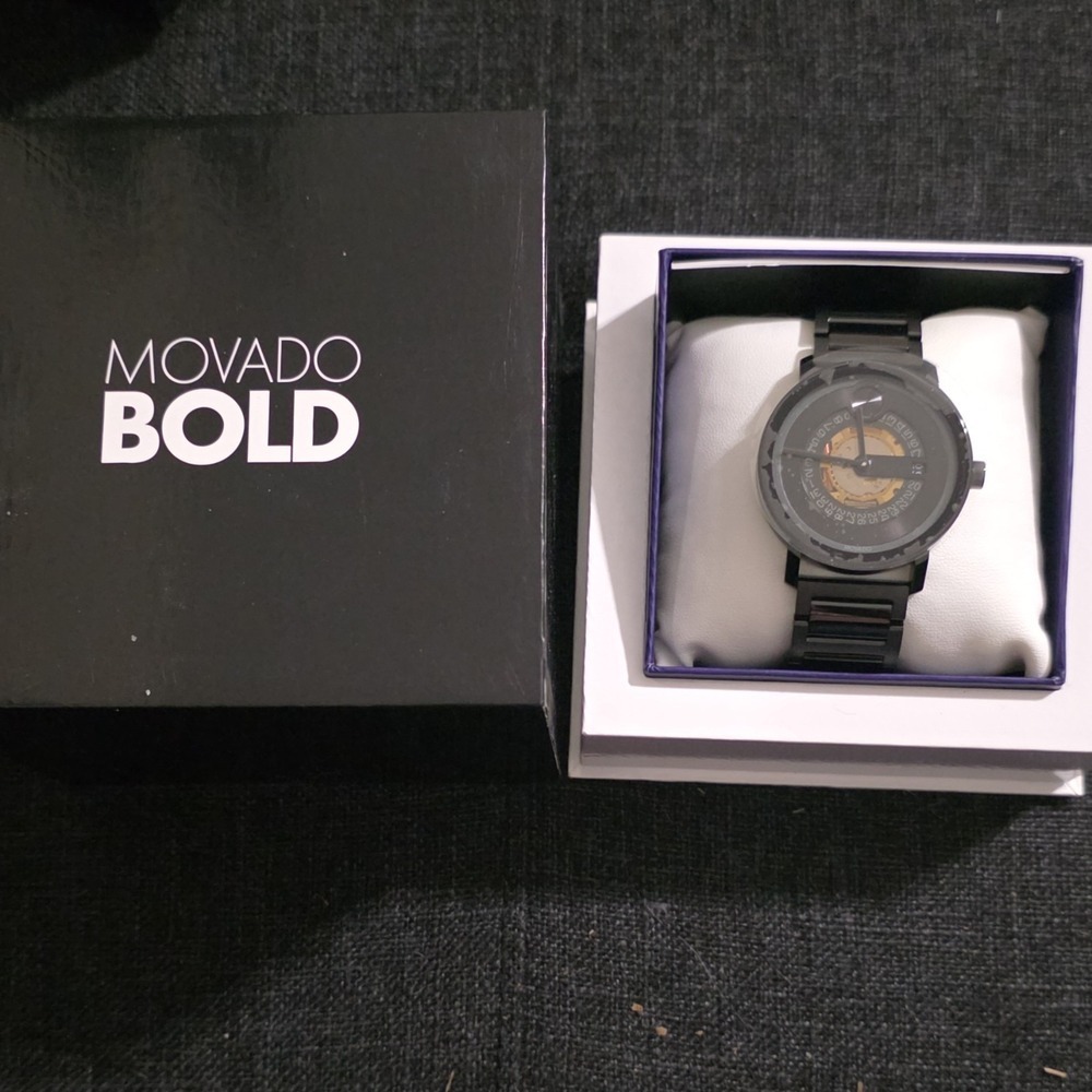 Movado Bold Black Metal Bracelet Analog Wristwatch Date Indicator w/Original Box
